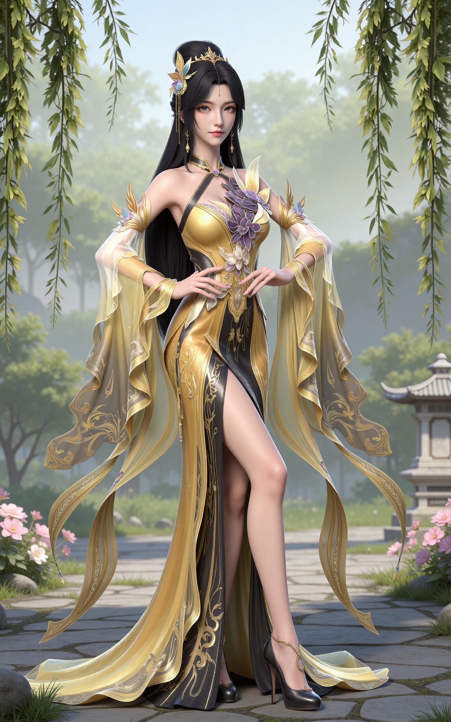 masterpiece,high quality,tall,game cg,highres,(white_skin:0.6),(shiny_skin:0.6),(realistic:1.1),looking_at_viewer,lvjing,
black hair, long hair, brown eyes, hair_bun, hair_ornament, forehead_jewel, jewelry, bare shoulders, wangxi yellow dress, detached_sleeves, high_heels,,nature,stone,flowers,hand on hip,