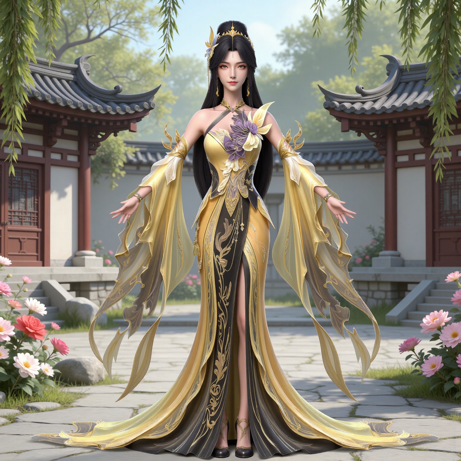 masterpiece,high quality,tall,game cg,highres,(white_skin:0.6),(shiny_skin:0.6),(realistic:1.1),looking_at_viewer,lvjing,
black hair, long hair, brown eyes, hair_bun, hair_ornament, forehead_jewel, jewelry, bare shoulders, wangxi yellow dress, detached_sleeves, nature,stone,flowers,