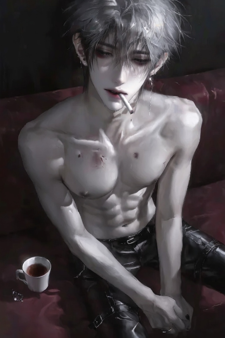 The stylized digital painting depicts a young man with a melancholic expression against a dark,  undefined background. He...
