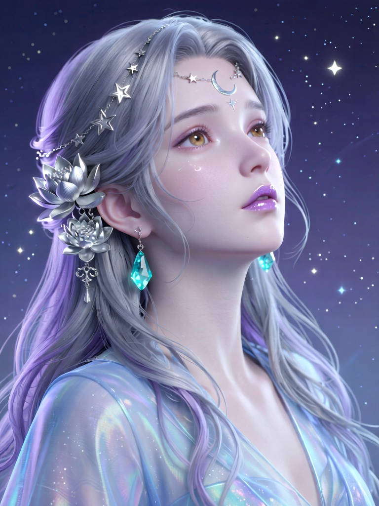 MJCG, A young woman with cool pale periwinkle skin and soft hazel eyes, her long ash-silver hair with cool violet undertones styled in soft, cascading waves, gazes upward with a serene expression. She wears delicate silver star-shaped hair chains across her forehead, paired with elaborate silver lotus ear ornaments and aquamarine crystal drop earrings. Her lips are glossy soft lilac, and a faint silver crescent mark rests on her forehead. She wears a sheer, iridescent pale blue garment with translucent, flowing sleeves. The background is a soft gradient of deep indigo with tiny glowing star specks, creating a serene, ethereal celestial aesthetic, soft cel-shaded lighting, hyper-detailed textures, vibrant cool-toned pastel color palette.