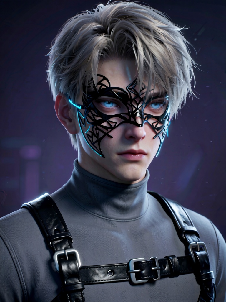 MJCG, A young man with pale skin and icy blue eyes, his short ash-blonde textured hair styled in a messy side part, gazes intently forward. He wears a form-fitting charcoal gray turtleneck, paired with matte black leather harness straps with gunmetal gray buckles across his chest. A half-face obsidian-black filigree mask with geometric angular patterns covers his left cheek and eye area, accented with faint blue glowing lines along the edges. The background is a moody dark indigo gradient, with soft top-down lighting that creates subtle shadows on his jawline and mask, emphasizing the sleek cyberpunk dark fantasy aesthetic, hyper-realistic textures, cinematic rim lighting, clean and dramatic composition.
