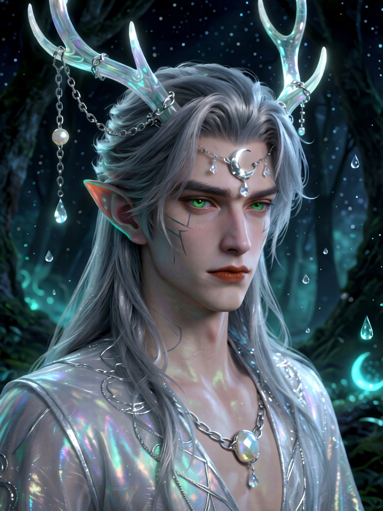 MJCG, A young elven man with cool pale opalescent skin and sharp moss-green eyes, his long ash-silver hair with pearlescent sheen tied half-up in loose waves, adorned with translucent curved stag antlers wrapped in silver chains and moonstone accents, plus a silver forehead gem with tiny dangling crystal details. He has pointed elf ears with iridescent teal inner linings, subtle angular markings across his cheeks, and defined warm terracotta lips. He wears a sheer iridescent silver tunic with silver thread embellishments, his skin shimmering with cool pearlescent highlights. The background is a dark, starry forest grotto with floating dewdrops and soft cyan bioluminescent glows, cinematic moody rim lighting, hyper-detailed textures, ethereal masculine fantasy aesthetic.