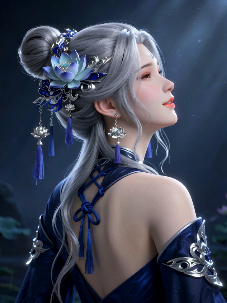 MJCG, A young woman with ivory skin and soft coral lips, her long ash-silver hair styled in a high bun with loose wavy strands cascading down, gazes upward with half-lidded eyes and a serene smile. She wears a backless deep navy garment with indigo silk knot accents and silver decorative details on the sleeves, exposing her delicate shoulder and back. Her hair is adorned with elaborate indigo and silver lotus hairpieces with pale blue flower centers and dangling indigo tassels, complemented by dangling earrings with silver lotus charms and indigo tassels. The background is a deep, moody slate blue, with soft top-down lighting that creates gentle highlights on her hair, skin, and accessories, emphasizing the elegant dark fantasy xianxia aesthetic, hyper-detailed textures, cinematic rim lighting, soft and mystical atmosphere.