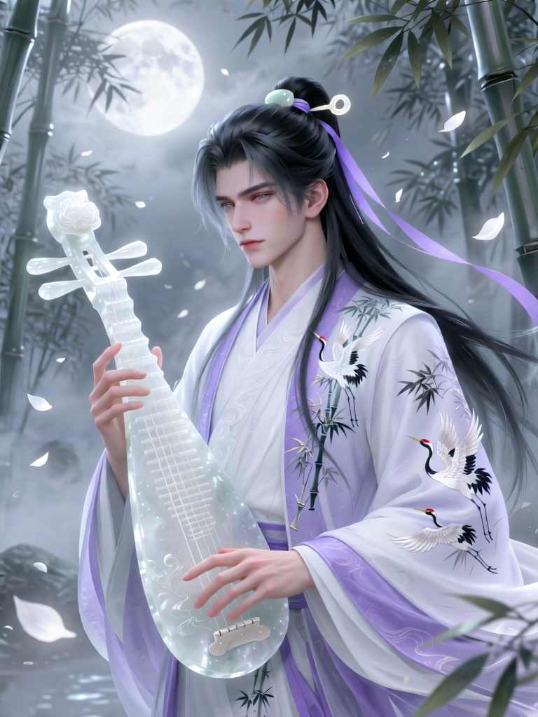 MJCG, A handsome young man with pale skin and cool silver-gray eyes, his long ink-black hair half-tied with a white jade hairpin and a pale purple ribbon, the rest cascading down his back. He wears a layered white and pale purple traditional Chinese robe with intricate crane and bamboo embroidery, the fabric billowing gently in the wind. His slender fingers hold a translucent white jade guqin, his fingers resting on the strings as if about to play, with a calm and distant expression. The background is a misty moonlit bamboo grove with floating white petals and soft silver moonlight filtering through leaves, ethereal and poetic lighting, xianxia aesthetic, delicate texture details, tranquil and otherworldly atmosphere.