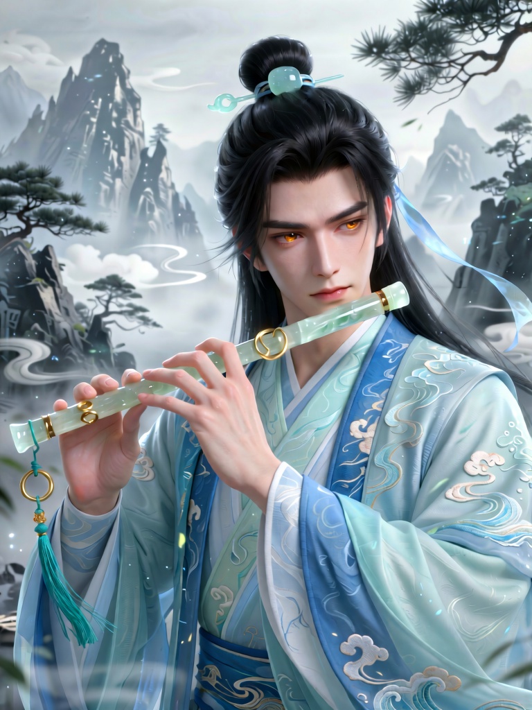 MJCG, A handsome young man with pale skin and warm amber eyes, his long raven-black hair tied into a high bun with a light blue jade hairpin and flowing ribbon, gazes calmly forward while playing a flute. He wears a layered light cyan and blue traditional Chinese hanfu with delicate cloud and wave embroidery, the fabric flowing softly like water. His slender fingers gently hold a translucent jade flute adorned with golden rings and a teal tassel. The background is a misty Chinese ink-wash mountain landscape with jagged peaks, pine trees, and swirling clouds, soft ethereal lighting, xianxia aesthetic, hyper-realistic textures, tranquil and elegant atmosphere.