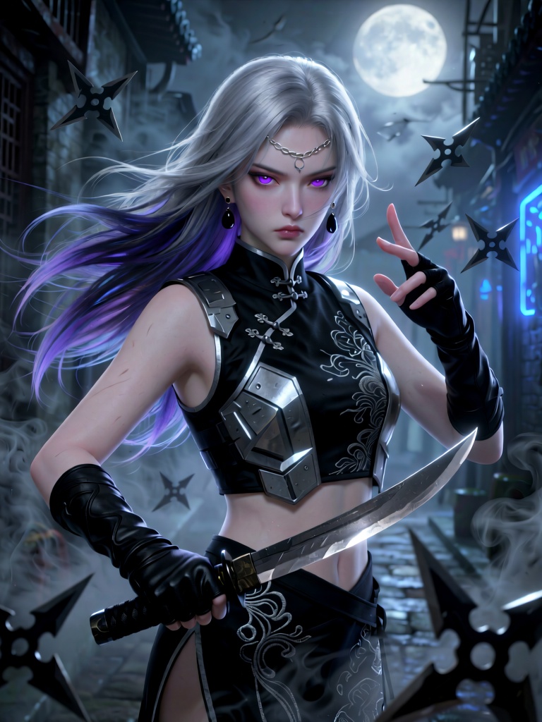MJCG, A young woman with pale skin and piercing amethyst eyes stares sharply, her long silvery hair with deep indigo gradient ends flows wildly in a wind-swept motion. She wears a sleek black and gunmetal gray embroidered assassin’s qipao with subtle silver thread patterns, layered under a cropped armored vest with angular plating. A thin silver chain headpiece adorns her forehead, paired with small obsidian drop earrings. Her gloved hands, one clutching a curved dagger with a black hilt and the other forming a stealthy gesture, are surrounded by floating shadowy shurikens. The background is a misty moonlit alley, with faint blue neon glows and wispy smoke, high contrast, moody noir aesthetic, sharp character details, dynamic pose.