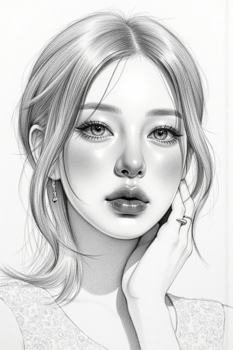 Create a hyper-realistic black-and-white pencil portrait drawing in the style of a master graphite artist. Use detailed cr...