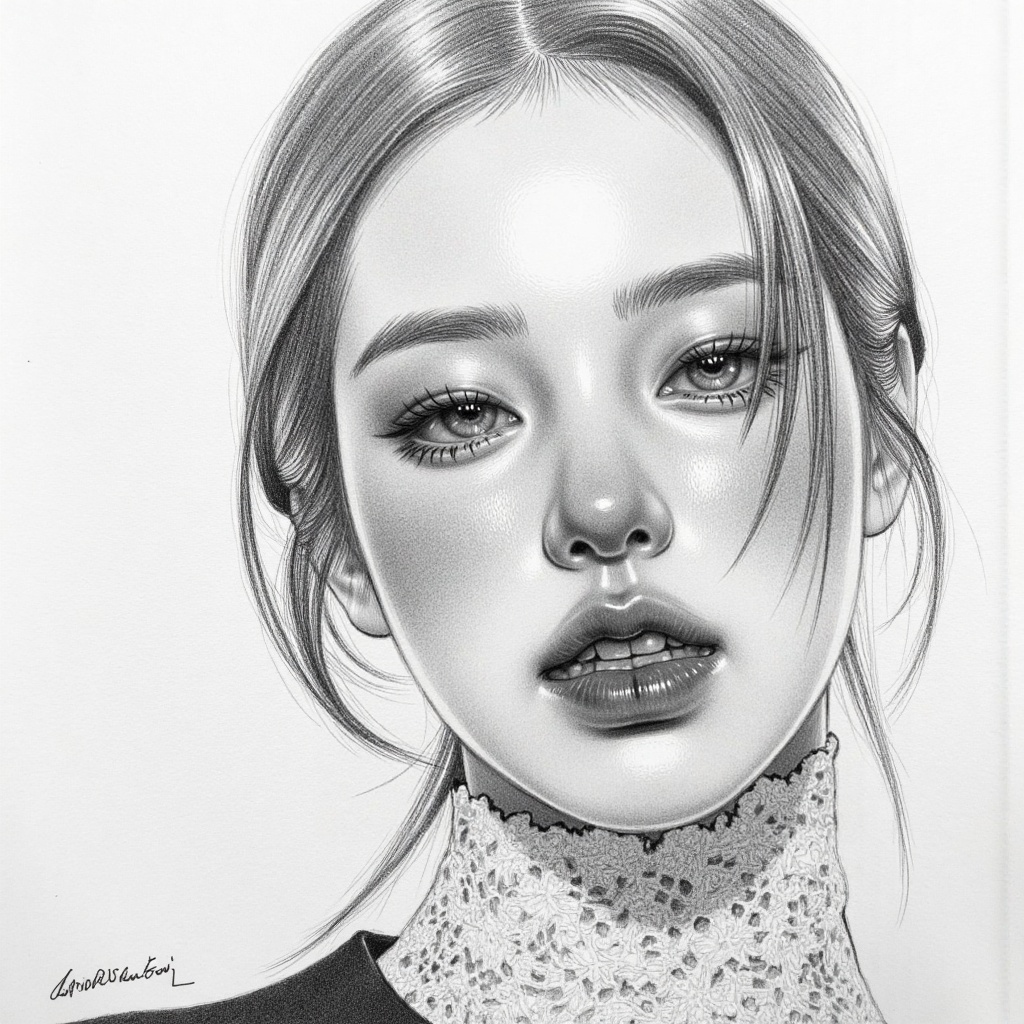 Create a hyper-realistic black-and-white pencil portrait drawing in the style of a master graphite artist. Use detailed cr...