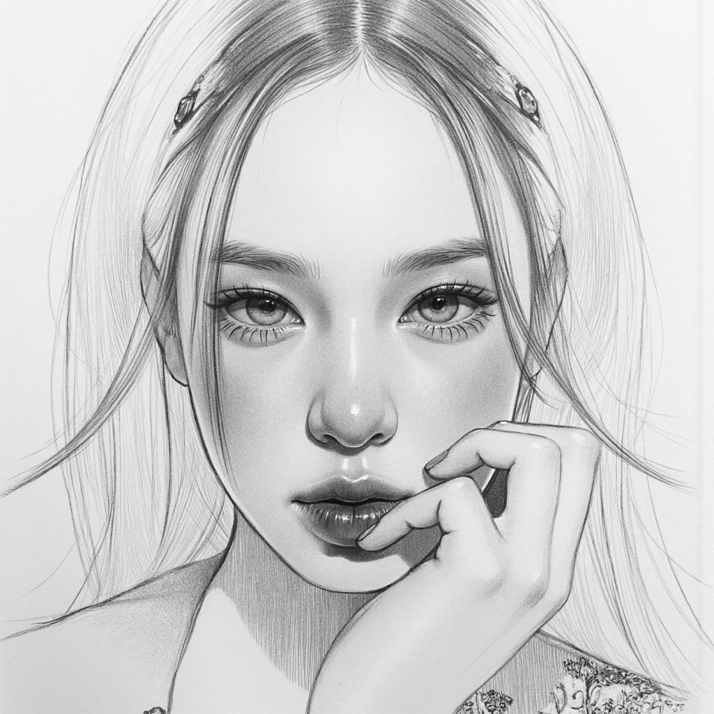 Create a hyper-realistic black-and-white pencil portrait drawing in the style of a master graphite artist. Use detailed cr...