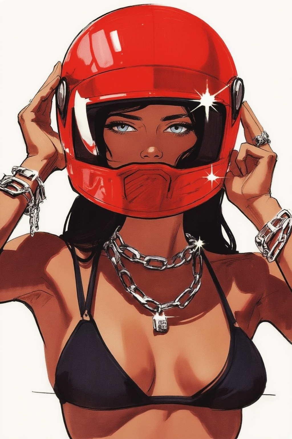 sydmead13zd25 conceptual sketch.  
Low-angle, close-up of a young woman with tanned skin and dark hair taking off a glossy, bright red motorcycle racing helmet. She is lifting the helmet with both hands, revealing only her light blue eyes and nose through the open visor She wears a simple black bikini top and is heavily accessorized with chunky silver chain necklaces and multiple silver chain bracelets on both wrists. The lighting is harsh and direct, creating deep, sharp shadows on her skin and brilliant white starburst glints on the reflective surfaces of the helmet and jewelry.