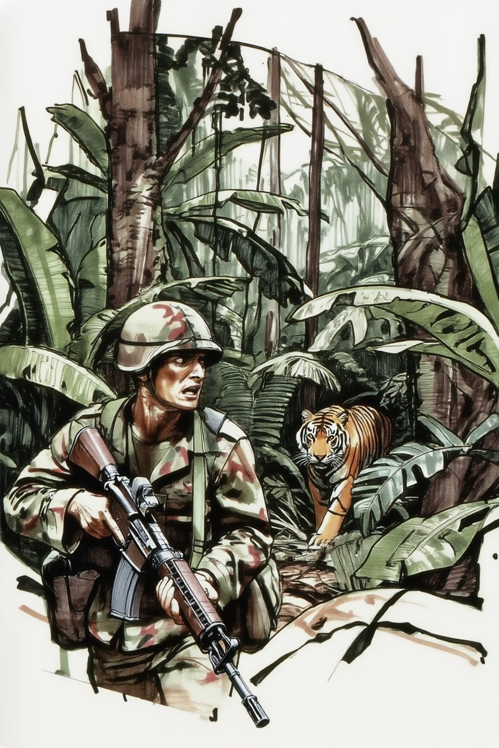 sydmead13zd25 conceptual sketch.  
Create a tense jungle scene set in Vietnam, featuring a dense, lush environment with thick foliage, tall trees, and tropical plants. Close-up face of an American Marine, showing fear in his face, shown in 3/4 view, holding a rifle in a ready position. He is dressed in camouflage fatigues and a helmet, blending into the surroundings. Unbeknownst to him, a distance away, a stealthy tiger is following closely behind, partially obscured by the foliage. The tiger's eyes are fixed on the soldier, adding a sense of impending danger to the scene. The overall atmosphere should be one of suspense, with the jungle's dense greenery and shadows heightening the tension.