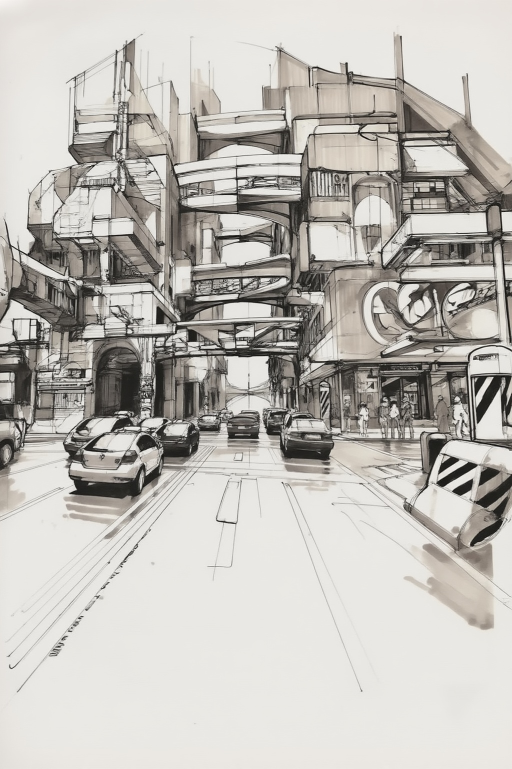 sydmead13zd25 conceptual sketch. 

A wide street stretches towards a distant vanishing point, lined by towering, complex buildings with intricate modules and pipes. Several cars, including a white hatchback and a dark sedan, are positioned in the roadway, facing into the distance. Multiple elevated walkways and bridges connect the structures high above the street. On the right, a sidewalk features several pedestrians standing or walking near a large, striped bollard and a building with a prominent sign. The buildings display a dense, layered architecture that dominates the frame. The scene is viewed from a low, street-level perspective.