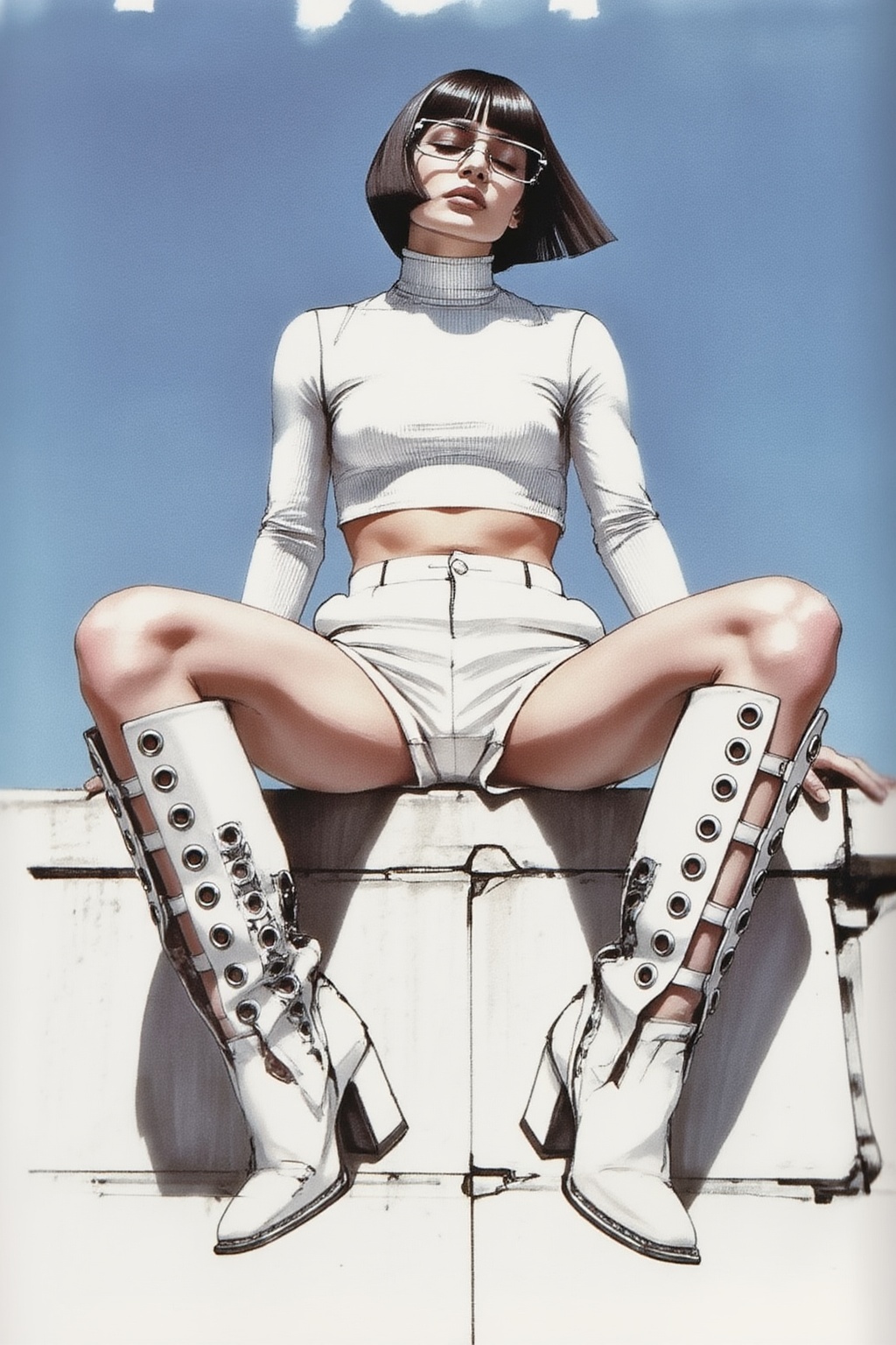 sydmead13zd25 conceptual sketch.  
Low-angle full-body fashion portrait of a young woman with a sharp, angular bob haircut and bangs, seated on a concrete ledge with a clear blue sky as the backdrop. She is wearing a monochromatic all-white outfit consisting of a ribbed turtleneck crop top, white shorts, and exceptionally unique knee-high white boots adorned with large, prominent silver metal eyelets running vertically up the front, through which her bare skin is visible. She has thin, retro-futuristic sunglasses perched on her nose, and her head is tilted back slightly, eyes closed or looking downwards, exuding a cool, defiant, and high-fashion attitude.