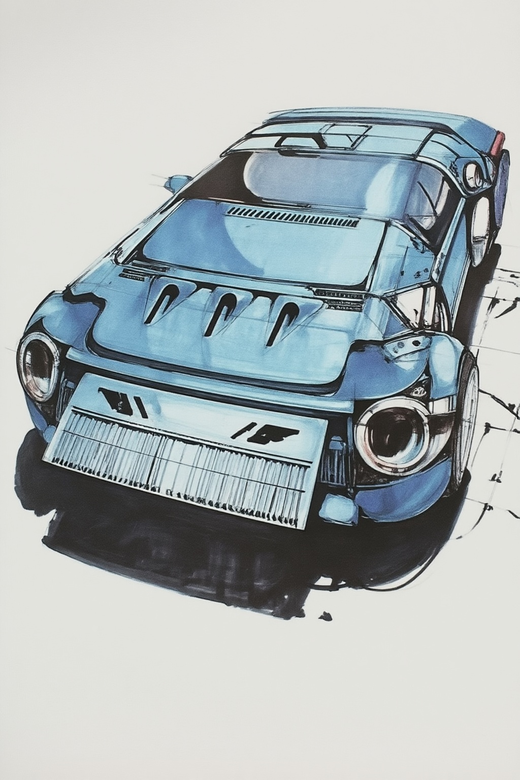 sydmead13zd25 conceptual sketch. 

A futuristic, blue vehicle is depicted from a low-angle, front-three-quarter perspective against a plain, off-white background. The vehicle features a low-profile, wide body with a large, rectangular front plate that has vertical ridges and black markings. Above this plate, three vertical vents are positioned on the front hood. Large, circular openings replace traditional headlights, revealing metallic interior surfaces. 