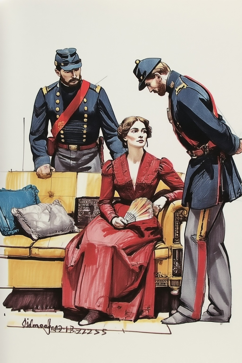 sydmead13zd25 conceptual sketch.  
A scene from the American Civil War Era. A woman sits on a yellow sofa, while two men in military uniforms are in the scene. The man on the left, in a dark blue uniform with gold buttons and a red sash, leans over. The woman in the middle, wearing a red gown, is seated, holding a fan. The man on the right, shown in side profile, also in a military uniform, leans toward her. There is a gray pillow and a blue pillow on the sofa to the left. 