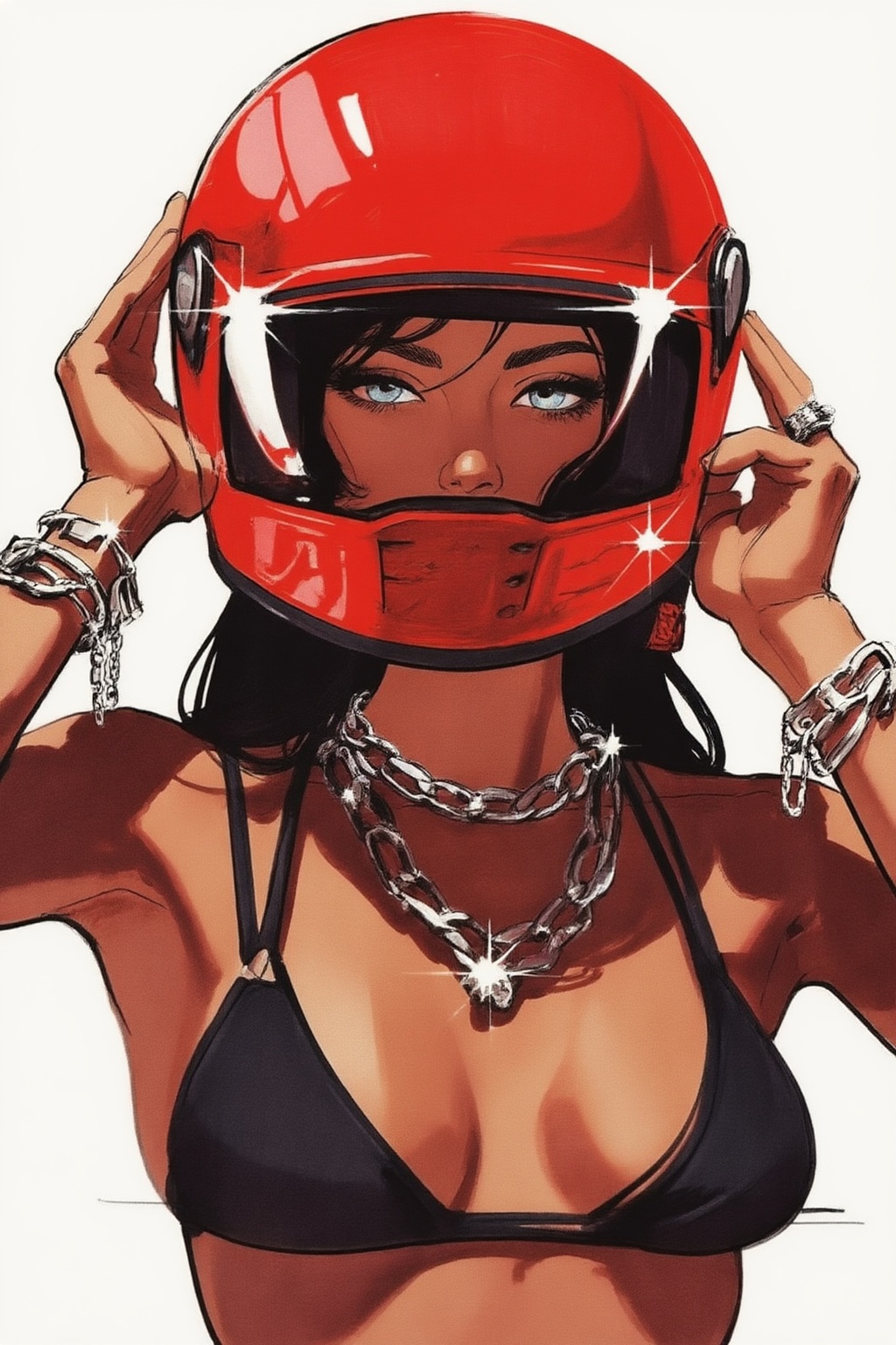 sydmead13zd25 conceptual sketch.
Low-angle, close-up of a young woman with tanned skin and dark hair taking off a glossy, bright red motorcycle racing helmet. She is lifting the helmet with both hands, revealing only her light blue eyes and nose through the open visor She wears a simple black bikini top and is heavily accessorized with chunky silver chain necklaces and multiple silver chain bracelets on both wrists. The lighting is harsh and direct, creating deep, sharp shadows on her skin and brilliant white starburst glints on the reflective surfaces of the helmet and jewelry.
