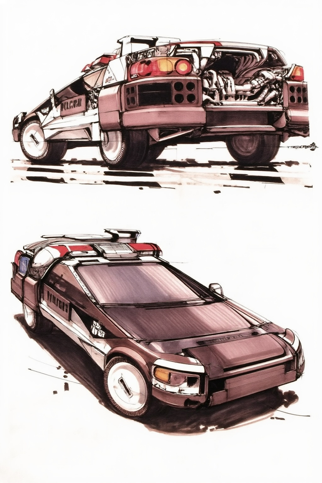 sydmead13zd25 conceptual sketch. 

Two conceptual sketches of a low-slung, futuristic police vehicle are displayed on a white surface. The top illustration presents the vehicle from a rear-quarter low angle, showcasing a dense array of exposed mechanical parts, tubes, and multiple round taillights set into dark rectangular blocks. Below this, a second sketch depicts the same vehicle from a front-quarter perspective, emphasizing its sharp, wedge-shaped nose and a wide, steeply slanted windshield. The vehicle's exterior combines white, red, and dark brown panels, with the front wheels featuring solid white disc covers. The car design incorporates several technical-looking modules on its roof and side panels, maintaining a sleek yet industrially complex appearance.