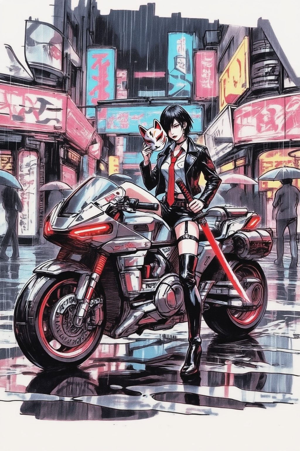 sydmead13zd25 conceptual sketch.  
high-octane cyberpunk style, depicting a stylish and formidable young woman with dark, sharp hair, wearing a black leather jacket, white shirt, red tie, short shorts, thigh-high boots, and a garter belt. She is seated confidently on a futuristic, heavily armored motorcycle with glowing red accents, parked in a neon-drenched, rainy urban street at night. She holds a traditional white and red Kitsune (fox) mask in one hand and a katana with a glowing red blade across her lap. The street is wet and highly reflective, mirroring the vibrant neon signs of Japanese characters and advertisements that illuminate the scene in shades of pink, blue, and yellow. Rain streaks heavily through the air, and blurred figures with umbrellas are visible in the background, adding to the atmosphere. The overall mood is dark, cool, and electrifying, with incredible attention to detail on the character, bike, and environment. Cyberpunk art, sci-fi noir, urban samurai 
