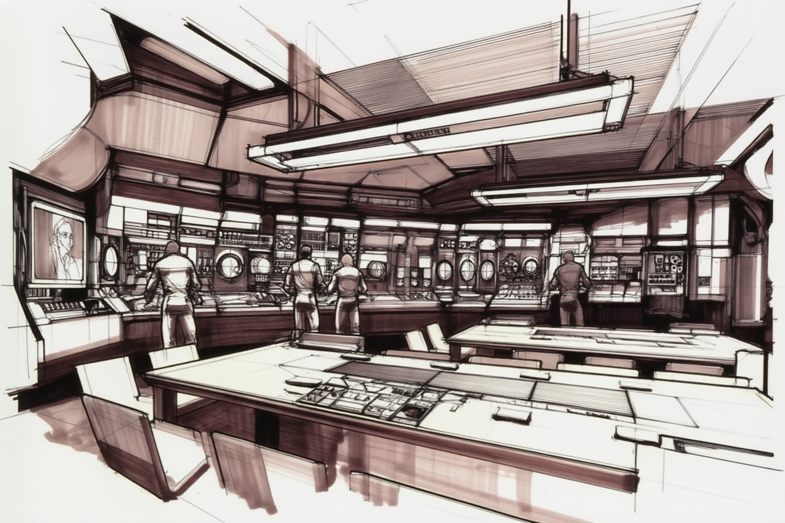 sydmead13zd25 conceptual sketch. 

Inside a spacious command center, three men wearing jumpsuits, stand at a long wall of technical consoles. All three are positioned with their backs toward the camera, focused on various screens, dials, and circular viewports lining the workstations. One man on the left stands before a console near a wall-mounted screen displaying a face, while another occupies the center position. A third man is visible further to the right, engaged with separate equipment. In the foreground, two large, rectangular tables with integrated control panels and several chairs are positioned in the center of the room. Overhead, massive rectangular light fixtures hang from a complex ceiling structure, providing artificial light.