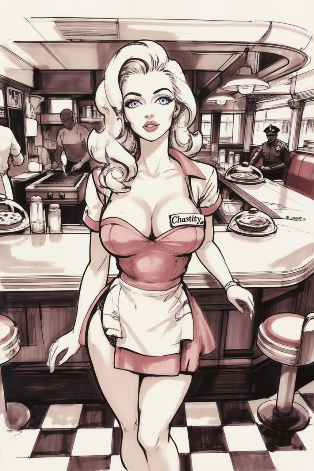 sydmead13zd25 conceptual sketch.
Silmas. A waitress named Chastity, with her name embroidered on a tag beside her ample bosom, standing behind the formica counter of a sun-drenched, classic American diner. She has voluminous platinum blonde bombshell curls, and large baby-blue eyes. Her tight, 1950s-style pink and white uniform is showing her cleavage. A black-and-white checkered floor, and glass domes covering pies on the counter. In the deep background, a cook works at a griddle and a town sheriff sits in a booth, both rendered with soft focus 
