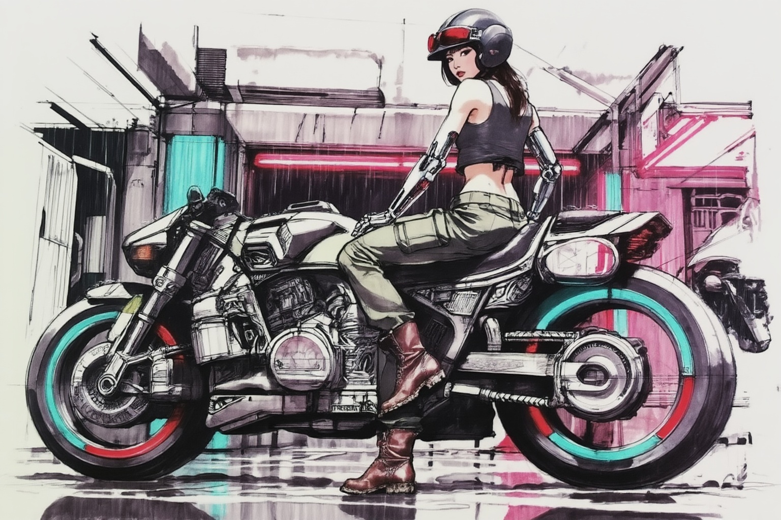 sydmead13zd25 conceptual sketch. 
Low angle, medium-wide shot. 3/4 Back view of a young East Asian woman seated on a heavy futuristic motorcycle in a rain-slicked neon-lit alleyway. She looks back over her shoulder with a steady expression, wearing a dark grey cropped **** top, olive-green cargo pants, and rugged brown leather boots. Her left arm is a complex cybernetic prosthetic with exposed mechanical joints, and she wears a dark helmet with red-tinted goggles pushed up. The massive motorcycle features intricate engine detailing and oversized wheels with glowing teal and red light accents. 