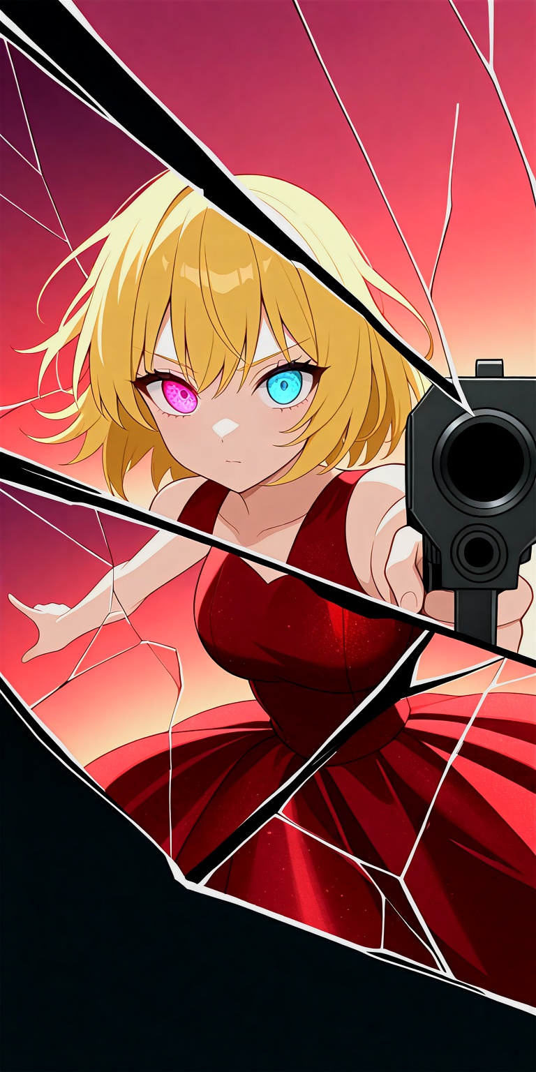 1girl,  anime girl pointing handgun,  directly at viewer through shattered glass on Tensor.Art