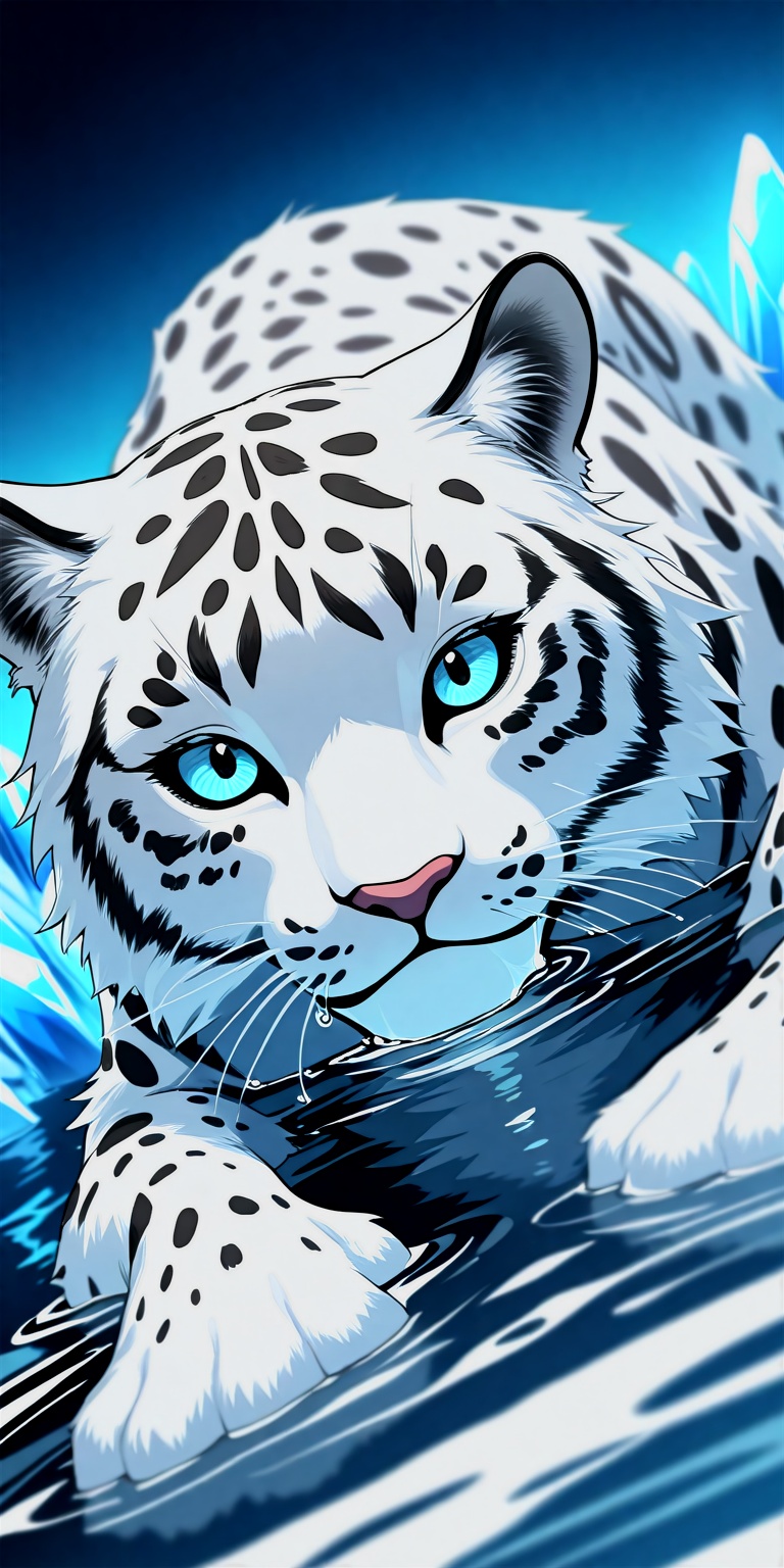 1snowleopard,  icy blue eyes,  partially submerged on Tensor.Art