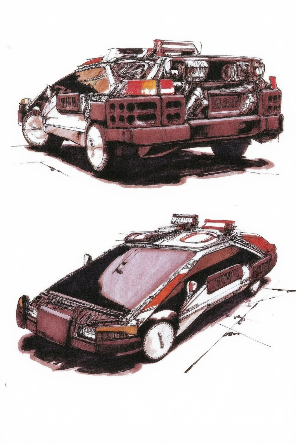 sydmead14zd25 conceptual sketch.
Two conceptual sketches of a low-slung, futuristic police vehicle are displayed on a white surface. The top illustration presents the vehicle from a rear-quarter low angle, showcasing a dense array of exposed mechanical parts, tubes, and multiple round taillights set into dark rectangular blocks. Below this, a second sketch depicts the same vehicle from a front-quarter perspective, emphasizing its sharp, wedge-shaped nose and a wide, steeply slanted windshield. The vehicle's exterior combines white, red, and dark brown panels, with the front wheels featuring solid white disc covers. The car design incorporates several technical-looking modules on its roof and side panels, maintaining a sleek yet industrially complex appearance.