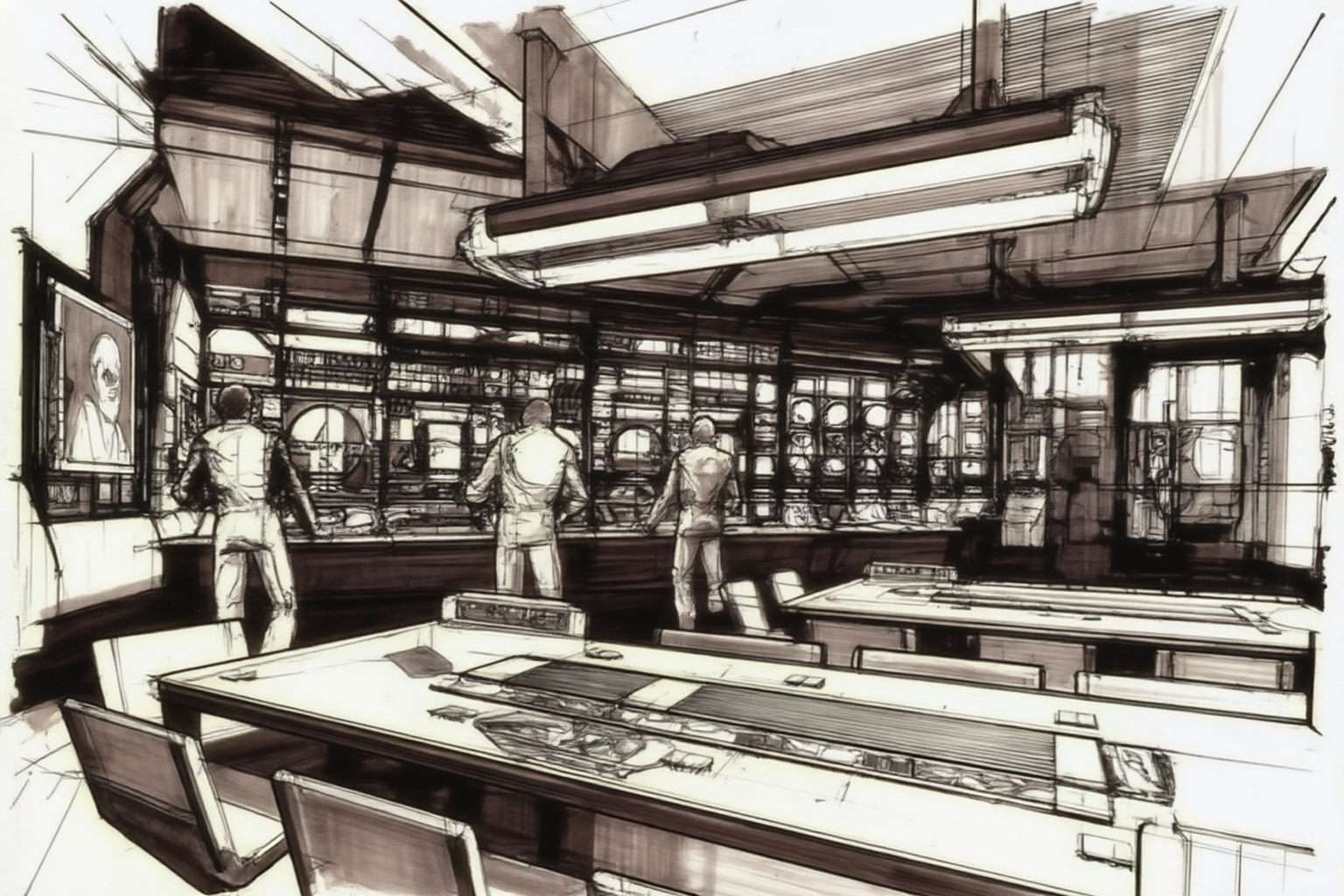sydmead14zd25 conceptual sketch. 
Inside a spacious command center, three men wearing jumpsuits, stand at a long wall of technical consoles. All three are positioned with their backs toward the camera, focused on various screens, dials, and circular viewports lining the workstations. One man on the left stands before a console near a wall-mounted screen displaying a face, while another occupies the center position. A third man is visible further to the right, engaged with separate equipment. In the foreground, two large, rectangular tables with integrated control panels and several chairs are positioned in the center of the room. Overhead, massive rectangular light fixtures hang from a complex ceiling structure, providing artificial light.