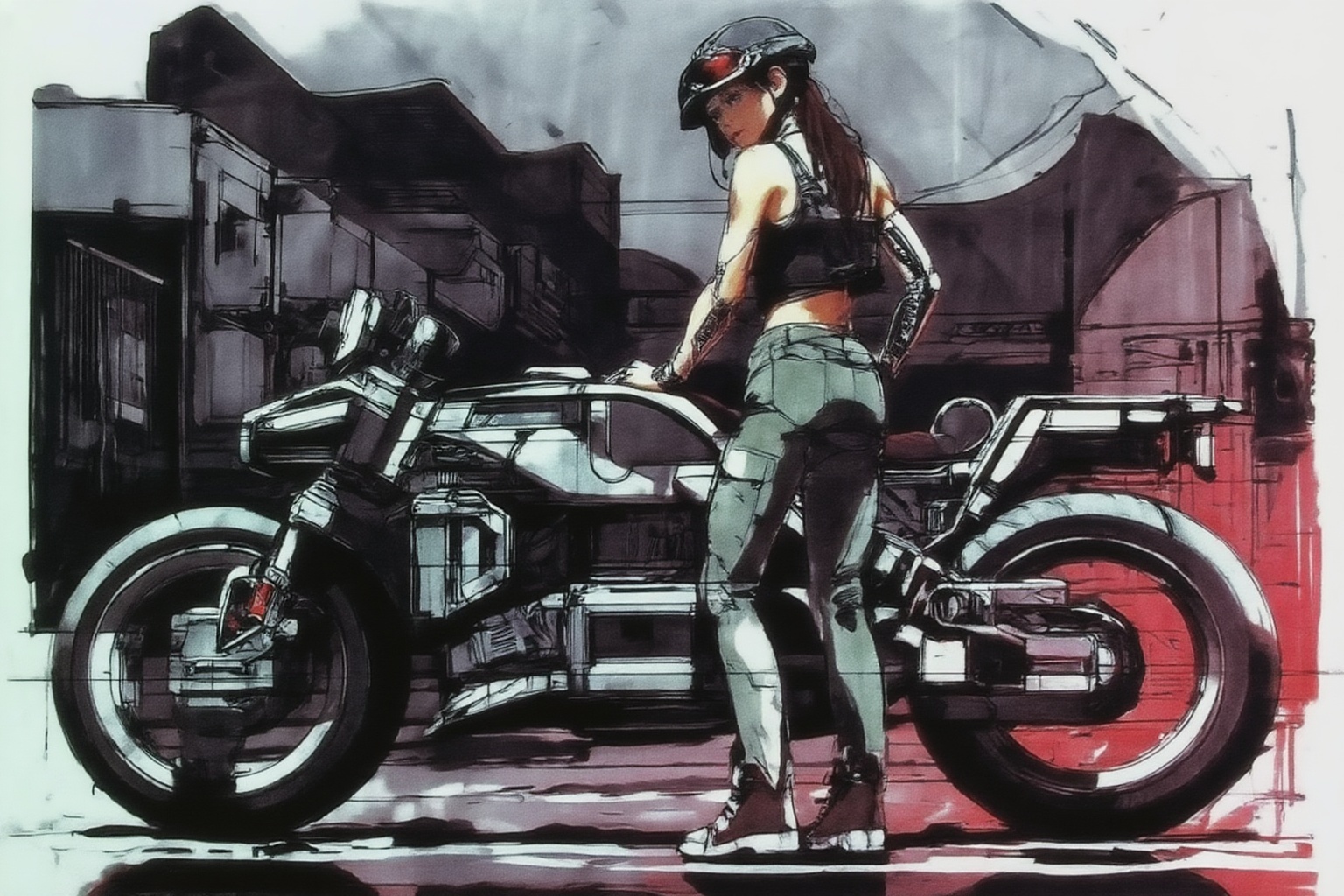 sydmead14zd25 conceptual sketch. 
Low angle, medium-wide shot. 3/4 Back view of a young East Asian woman seated on a heavy futuristic motorcycle in a rain-slicked neon-lit alleyway. She looks back over her shoulder with a steady expression, wearing a dark grey cropped **** top, olive-green cargo pants, and rugged brown leather boots. Her left arm is a complex cybernetic prosthetic with exposed mechanical joints, and she wears a dark helmet with red-tinted goggles pushed up. The massive motorcycle features intricate engine detailing and oversized wheels with glowing teal and red light accents. 