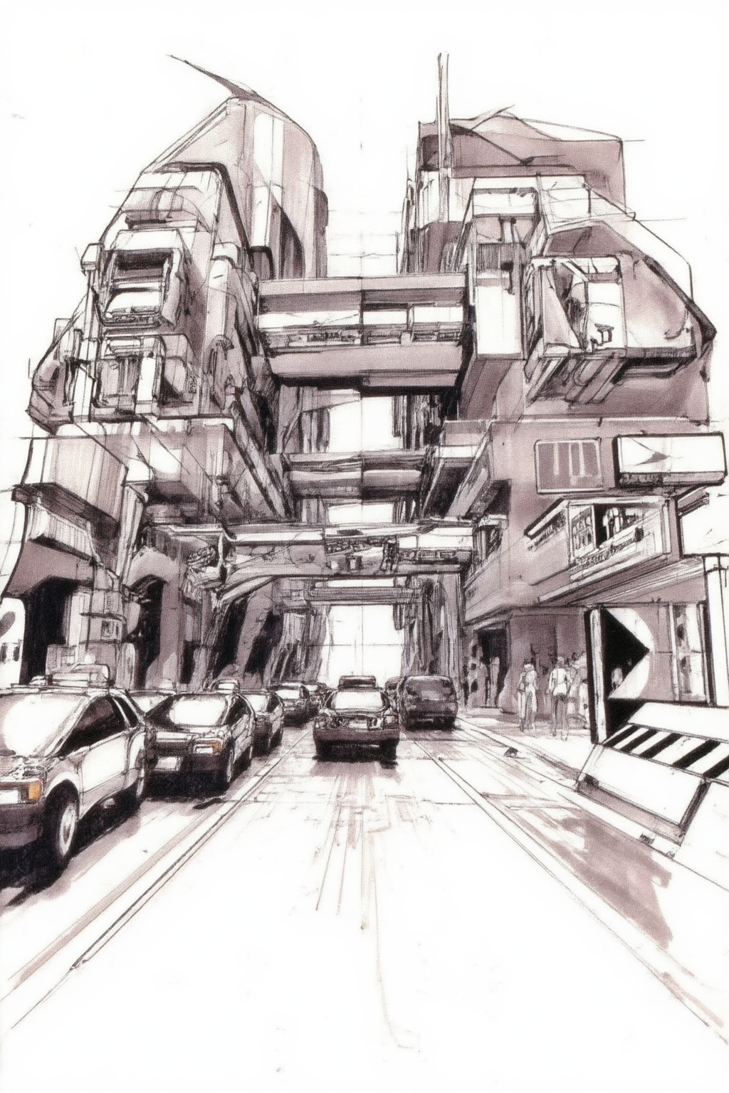 sydmead14zd25 conceptual sketch. 

A wide street stretches towards a distant vanishing point, lined by towering, complex buildings with intricate modules and pipes. Several cars, including a white hatchback and a dark sedan, are positioned in the roadway, facing into the distance. Multiple elevated walkways and bridges connect the structures high above the street. On the right, a sidewalk features several pedestrians standing or walking near a large, striped bollard and a building with a prominent sign. The buildings display a dense, layered architecture that dominates the frame. The scene is viewed from a low, street-level perspective.