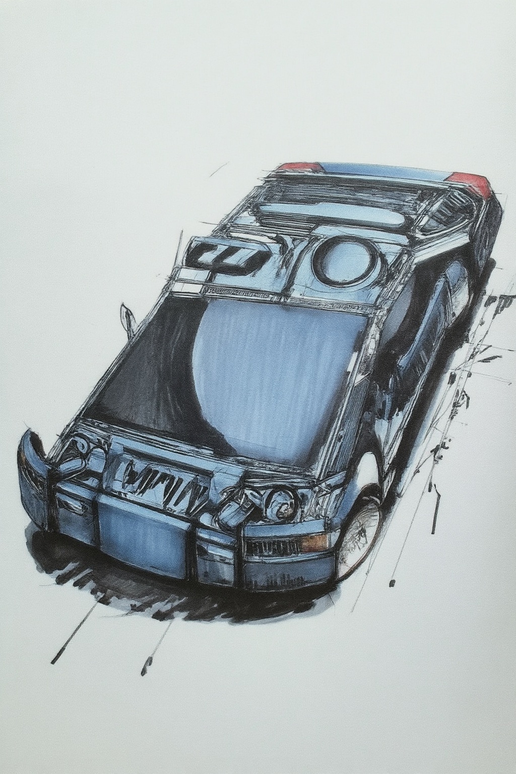 sydmead14zd25 conceptual sketch.

A futuristic, blue vehicle is depicted from a low-angle, front-three-quarter perspective against a plain, off-white background. The vehicle features a low-profile, wide body with a large, rectangular front plate that has vertical ridges and black markings. Above this plate, three vertical vents are positioned on the front hood. Large, circular openings replace traditional headlights, revealing metallic interior surfaces. 