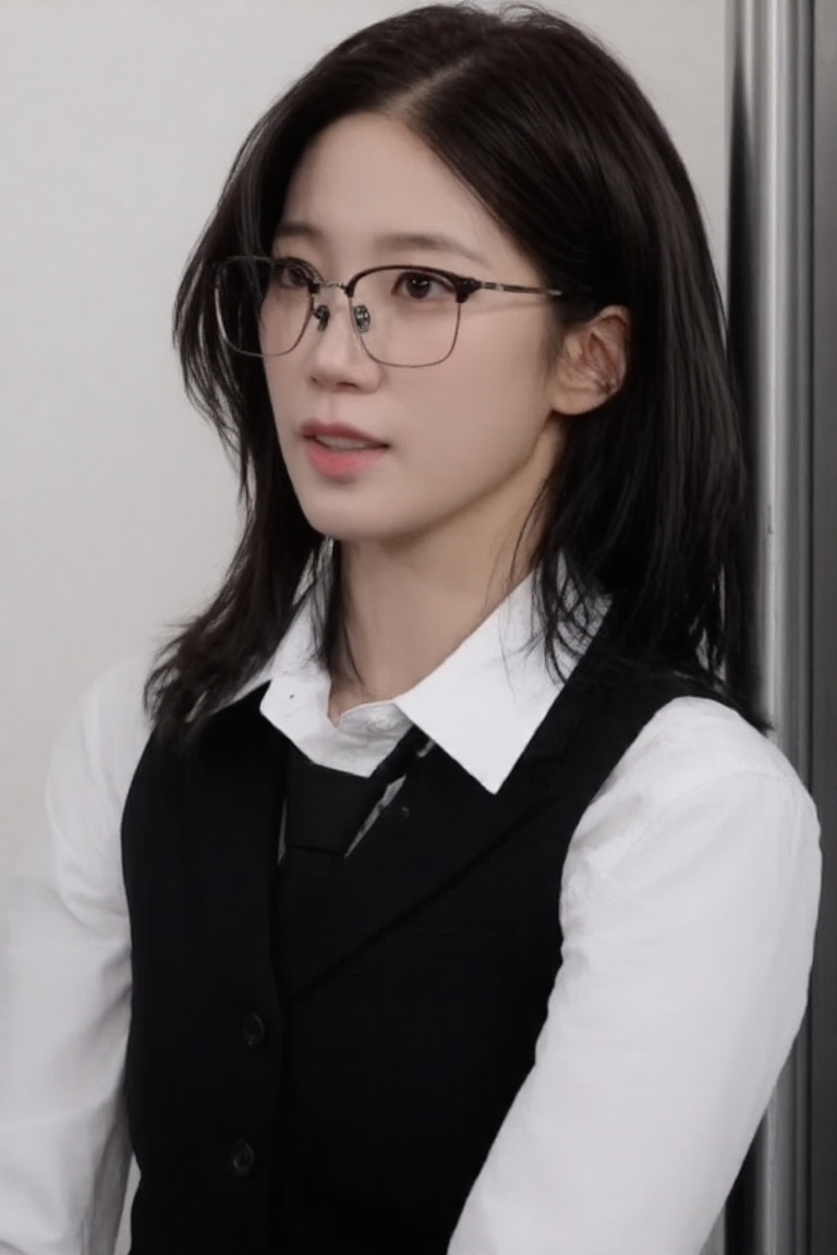 The image features a woman with shoulder-length dark hair wearing glasses and a white shirt layered under a black vest. Sh...