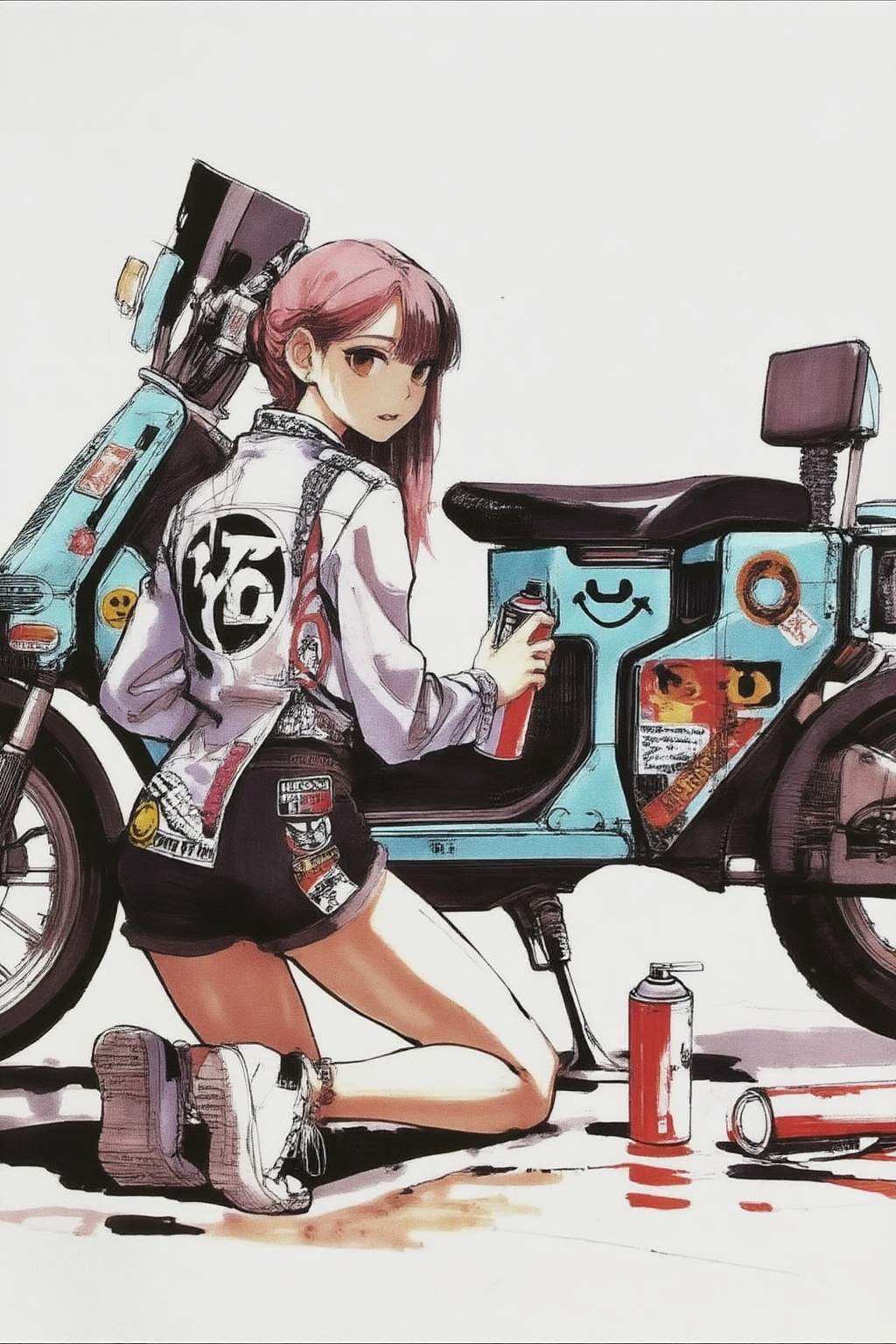 sydmead14zd15 conceptual sketch.
Back view of a young woman with pink hair, wearing a light-colored jacket with a large graphic on the back, and black shorts with various patches. She is turning her head to look over her shoulder at the viewer. She is kneeling beside a turquoise scooter adorned with numerous stickers, including "Raspberry Pi," "HICCS," and "Peanut Butter." The woman is holding a spray can, which she is using to paint a smiley face on the scooter's door. The scooter is parked on a light-colored surface, and there is a red spray can and a white spray can lying on the ground near the scooter. 

