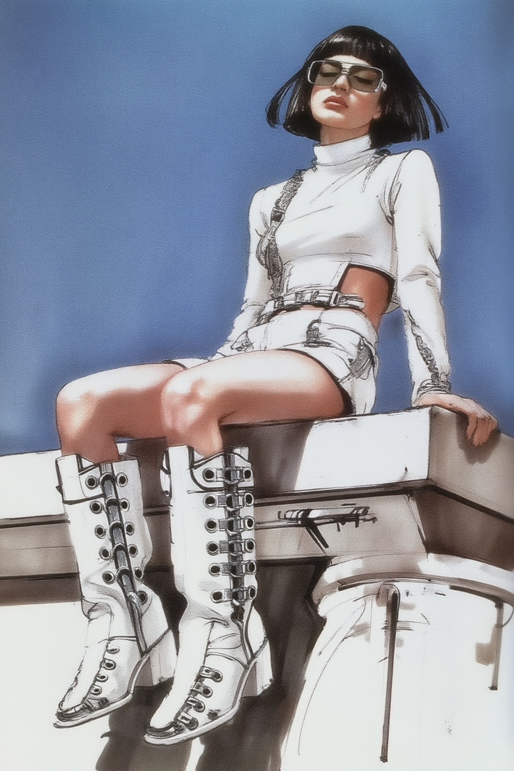 sydmead14zd15 conceptual sketch.
Low-angle full-body fashion portrait of a young woman with a sharp, angular bob haircut and bangs, seated on a concrete ledge with a clear blue sky as the backdrop. She is wearing a monochromatic all-white outfit consisting of a ribbed turtleneck crop top, white shorts, and exceptionally unique knee-high white boots adorned with large, prominent silver metal eyelets running vertically up the front, through which her bare skin is visible. She has thin, retro-futuristic sunglasses perched on her nose, and her head is tilted back slightly, eyes closed or looking downwards, exuding a cool, defiant, and high-fashion attitude. . 

