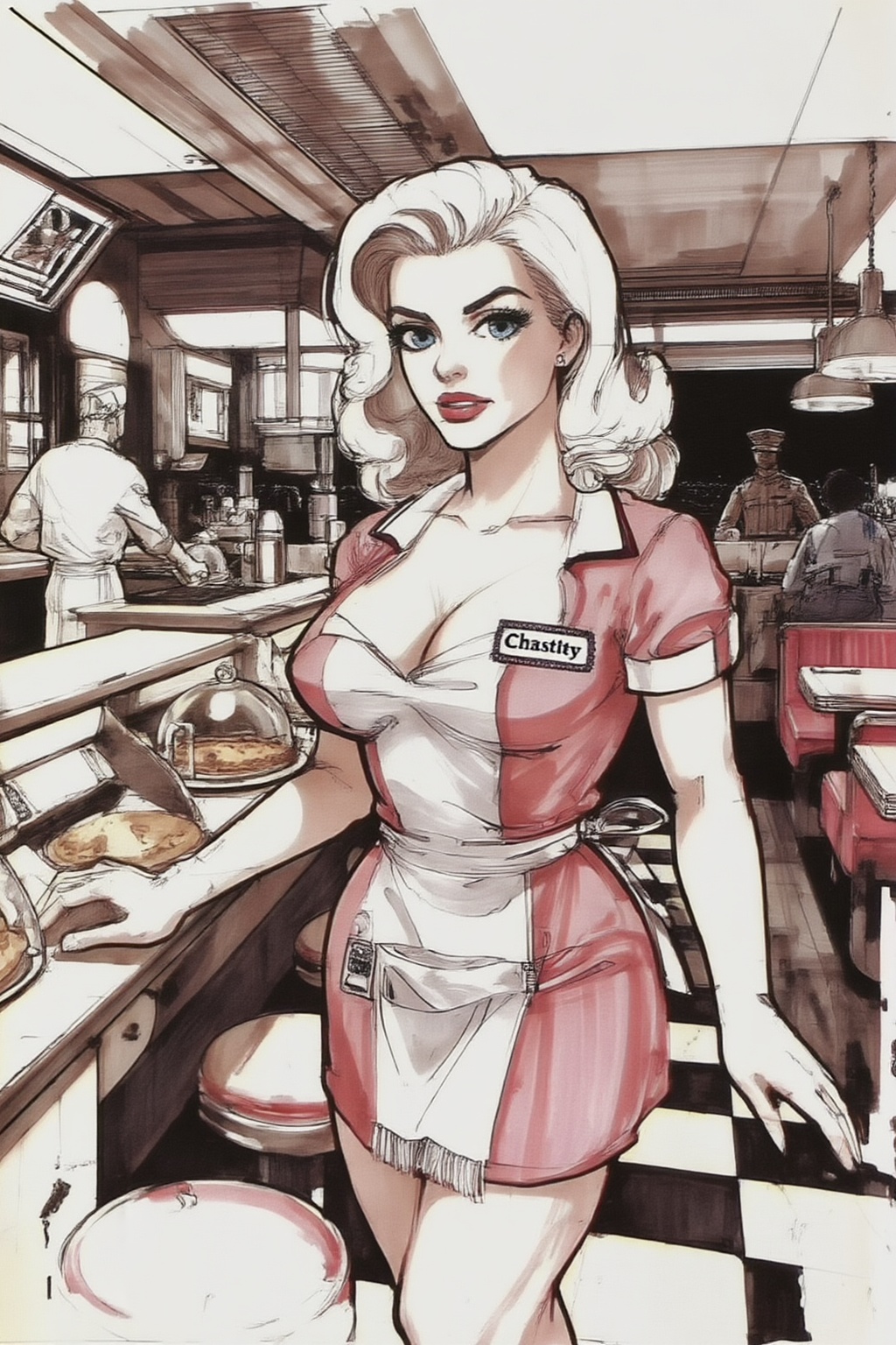 sydmead14zd15 conceptual sketch.
Silmas. A waitress named Chastity, with her name embroidered on a tag beside her ample bosom, standing behind the formica counter of a sun-drenched, classic American diner. She has voluminous platinum blonde bombshell curls, and large baby-blue eyes. Her tight, 1950s-style pink and white uniform is showing her cleavage. A black-and-white checkered floor, and glass domes covering pies on the counter. In the deep background, a cook works at a griddle and a town sheriff sits in a booth, both rendered with soft focus 

