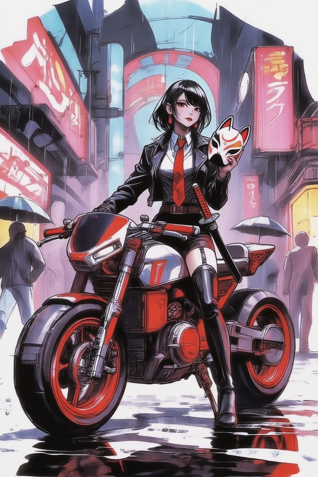 sydmead14zd15 conceptual sketch.
high-octane cyberpunk style, depicting a stylish and formidable young woman with dark, sharp hair, wearing a black leather jacket, white shirt, red tie, short shorts, thigh-high boots, and a garter belt. She is seated confidently on a futuristic, heavily armored motorcycle with glowing red accents, parked in a neon-drenched, rainy urban street at night. She holds a traditional white and red Kitsune (fox) mask in one hand and a katana with a glowing red blade across her lap. The street is wet and highly reflective, mirroring the vibrant neon signs of Japanese characters and advertisements that illuminate the scene in shades of pink, blue, and yellow. Rain streaks heavily through the air, and blurred figures with umbrellas are visible in the background, adding to the atmosphere. The overall mood is dark, cool, and electrifying, with incredible attention to detail on the character, bike, and environment. Cyberpunk art, sci-fi noir, urban samurai 
