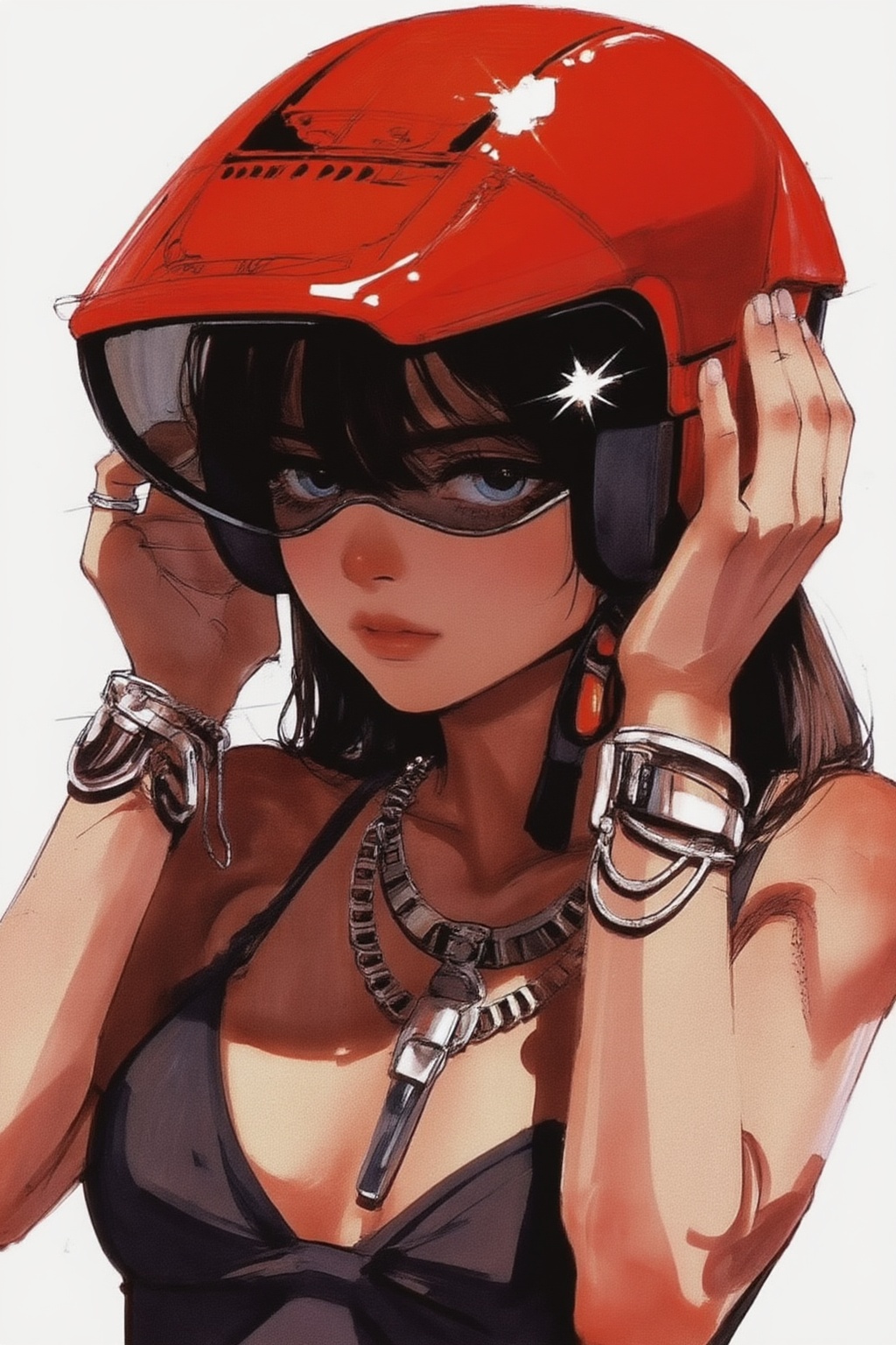 sydmead14zd15 conceptual sketch.
Low-angle, close-up of a young woman with tanned skin and dark hair taking off a glossy, bright red motorcycle racing helmet. She is lifting the helmet with both hands, revealing only her light blue eyes and nose through the open visor She wears a simple black bikini top and is heavily accessorized with chunky silver chain necklaces and multiple silver chain bracelets on both wrists. The lighting is harsh and direct, creating deep, sharp shadows on her skin and brilliant white starburst glints on the reflective surfaces of the helmet and jewelry.

