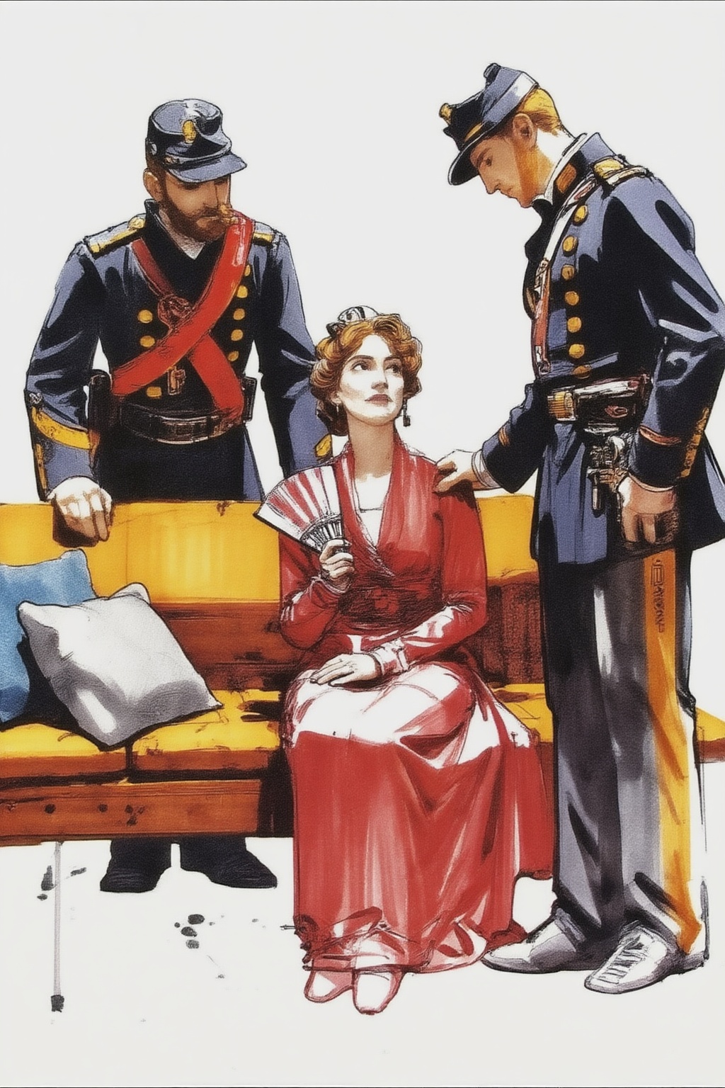 sydmead14zd15 conceptual sketch.
A scene from the American Civil War Era. A woman sits on a yellow sofa, while two men in military uniforms are in the scene. The man on the left, in a dark blue uniform with gold buttons and a red sash, leans over. The woman in the middle, wearing a red gown, is seated, holding a fan. The man on the right, shown in side profile, also in a military uniform, leans toward her. There is a gray pillow and a blue pillow on the sofa to the left. 


