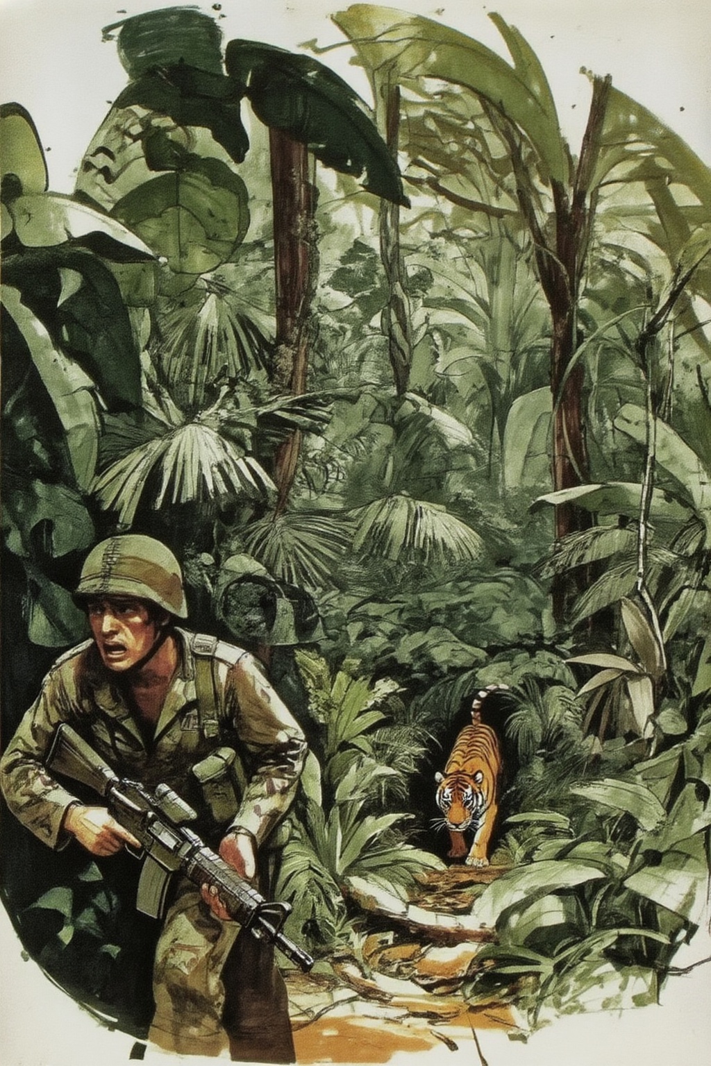 sydmead14zd15 conceptual sketch.
Create a tense jungle scene set in Vietnam, featuring a dense, lush environment with thick foliage, tall trees, and tropical plants. Close-up face of an American Marine, showing fear in his face, shown in 3/4 view, holding a rifle in a ready position. He is dressed in camouflage fatigues and a helmet, blending into the surroundings. Unbeknownst to him, a distance away, a stealthy tiger is following closely behind, partially obscured by the foliage. The tiger's eyes are fixed on the soldier, adding a sense of impending danger to the scene. The overall atmosphere should be one of suspense, with the jungle's dense greenery and shadows heightening the tension. 

