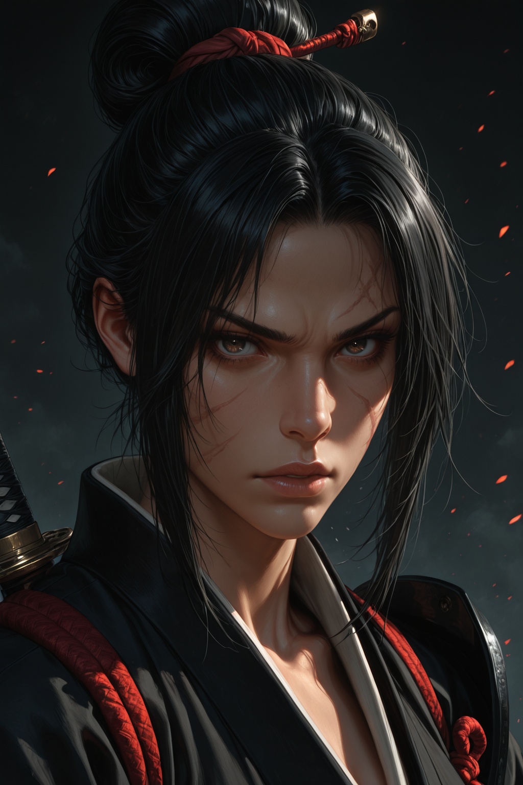 close-up portrait of japanese samurai woman,  scar on cheek,  black hair tied in bun on Tensor.Art