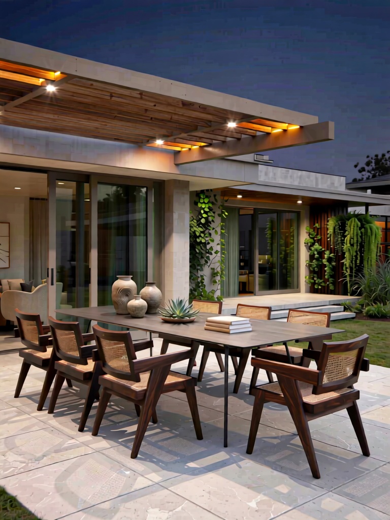 JJHW, A refined outdoor dining area with mid-century modern dark wood chairs (with woven back details) and a long rectangular table rests on a pale gray stone patio under a minimalist wooden pergola with warm accent lighting. The table displays understated decor: textured ceramic vessels, a small succulent arrangement, and a stack of neutral-toned books. Adjacent to the dining set, a contemporary home with large glass sliding doors opens to the space, while climbing greenery and vertical plantings soften the modern architecture. Soft evening light from overhead fixtures creates gentle shadows on the stone tiles and wood grain, with a deep indigo night sky completing the calm, elegant, and luxurious outdoor living ambiance.
