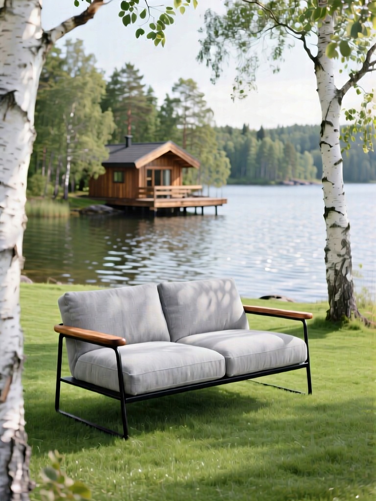 JJHW, 北欧风湖畔户外家居场景,浅灰色布艺双人沙发搭配黑色金属框架与实木扶手,置于翠绿平整的草坪上,前景是白桦树树干与枝叶,背景是波光粼粼的湖面、茂密树林与木质临水小屋,柔和自然光透过树叶形成斑驳树影,整体色调干净低饱和,氛围宁静松弛,呈现自然简约的高级质感,商业摄影级构图,细腻材质表现,
