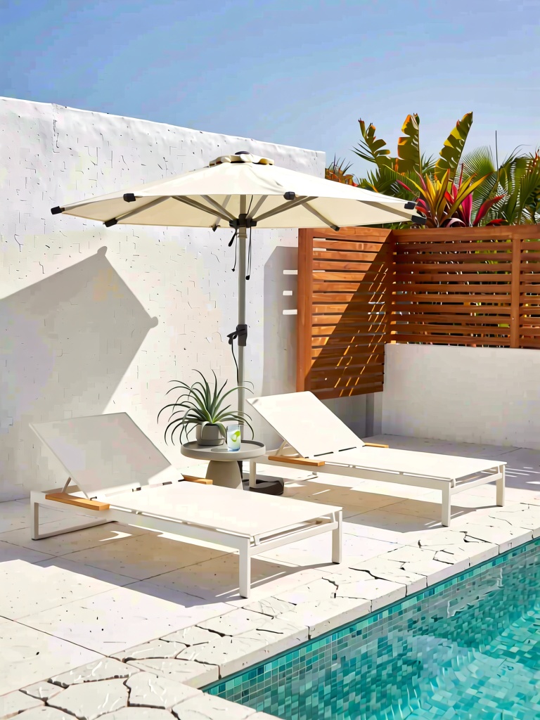 JJHW, A pair of minimalist white outdoor daybeds with light wood armrest details rests on a sunlit white stone patio next to a turquoise mosaic infinity pool. A large cream-colored patio umbrella stands between them, shading a small round concrete side table that holds a potted air plant and a glass of iced water. The scene is framed by a smooth white stucco wall, a warm wooden slatted privacy screen, and vibrant tropical foliage behind, under a clear bright blue sky. Strong natural sunlight creates sharp geometric shadows on the stone tiles and pool edge, embodying a serene, modern, and breezy luxury rooftop escape vibe.
