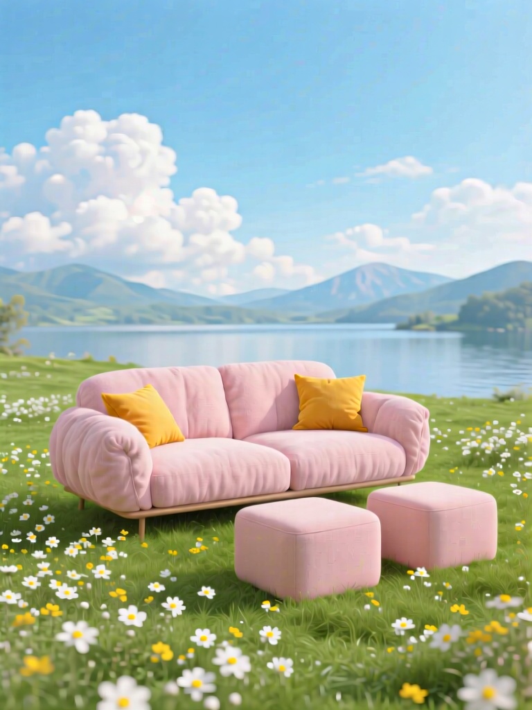 JJHW, 超现实治愈系户外家居场景,蓬松柔软的淡粉色布艺双人沙发,搭配同色系方形矮凳与姜黄色抱枕,置于开满白色小黄花的鲜绿草坪上,背景是湛蓝天空、蓬松云朵、远山与静谧湖泊,柔和自然光洒下,画面清新明亮,空间通透开阔,呈现出松弛浪漫的自然栖居美学,3D 渲染质感,超高清细节,电影级光影,8K 分辨率。

