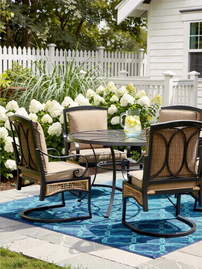 JJHW, An inviting outdoor patio setup with four black metal frame dining chairs (with ergonomic curved backs and woven rattan lower details) and a circular metal table, placed on a blue-turquoise patterned rug over light grey flagstone. The scene is framed by abundant white hydrangea bushes and tall green ornamental grasses, with a classic white picket fence and white vinyl siding of a suburban home in the background. A clear glass drink pitcher with lemon slices adds a refreshing touch, under bright natural daylight that highlights the rich textures of the metal, woven fabric, and lush foliage, creating a warm, welcoming, and upscale residential outdoor dining vibe.
