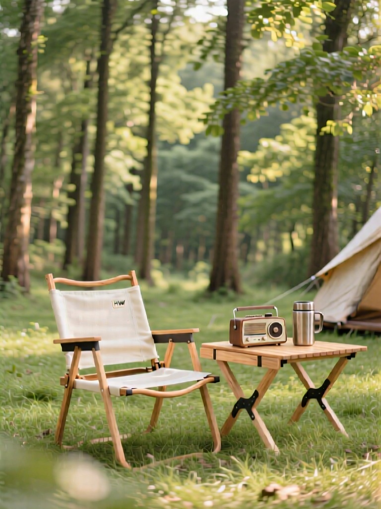 JJHW, 森林露营风户外家居场景,浅原木色折叠休闲椅搭配米白色帆布靠背,旁侧放置同色系木质折叠小桌,桌上摆放复古迷你收音机与金属保温杯,整体置于茂密的林间草坪上,背景是高大笔直的树林与层层叠叠的绿叶,柔和的午后阳光透过枝叶形成斑驳光影,画面色调温暖治愈,氛围静谧松弛,呈现自然野趣与极简舒适的高级质感,高清摄影级构图,细腻材质表现,前景做轻微虚化处理以突出主体。


