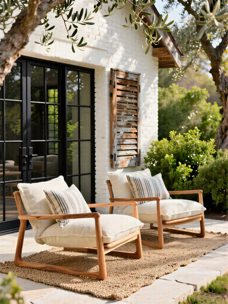 JJHW, Two minimalist outdoor armchairs with light wood cantilever frames and creamy textured fabric cushions rest on a woven jute rug on a pale stone patio, adjacent to a white brick cottage. The chairs are styled with subtle striped linen pillows, while the house features black grid-patterned glass doors and a weathered wooden slatted shutter. Overhanging olive tree branches and vibrant green shrubs create a lush, sun-dappled frame, with warm midday sunlight casting gentle shadows across the wood grain and fabric texture. The mood is tranquil, earthy, and effortlessly elegant, capturing a quiet, luxurious outdoor retreat vibe.
