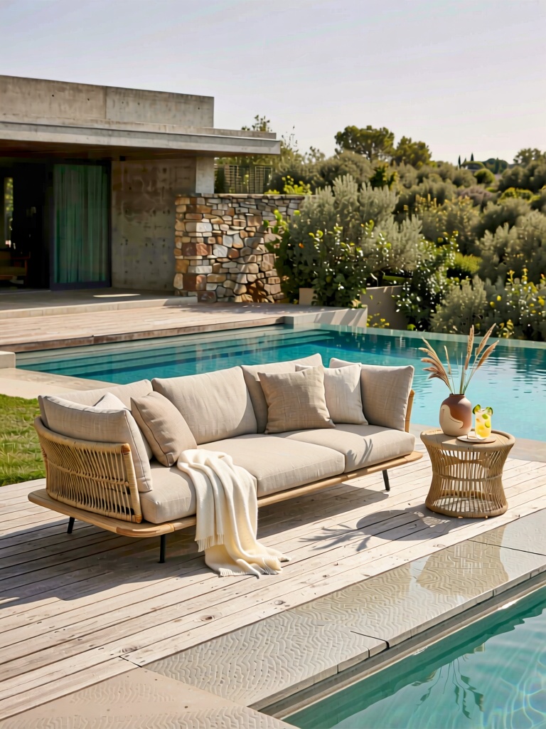 JJHW, A sleek outdoor lounge setup with a low-slung woven rattan sofa and matching side table sits on a weathered light wood deck adjacent to a turquoise infinity pool. The sofa is dressed in neutral linen cushions and a soft cream throw, while the side table holds a ceramic vase with dried grasses and a cold citrus drink. Behind the seating, a modern concrete home, rustic stone wall, and dense Mediterranean shrubs frame the scene. Bright midday sunlight casts long, crisp shadows across the deck, emphasizing the texture of the rattan weave and the pool’s gentle ripples, evoking a serene, minimalist luxury retreat vibe.
