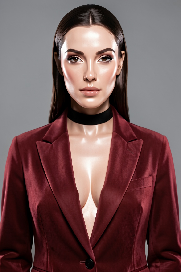 "A woman with sleek hair and a refined nose posing in a structured crimson velvet blazer and a black choker. Professional...
